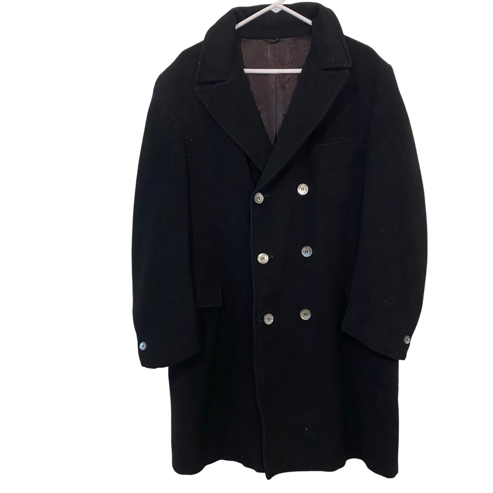 Vintage 100% Cashmere Double Breasted Black Peacoat Overcoat Size Large